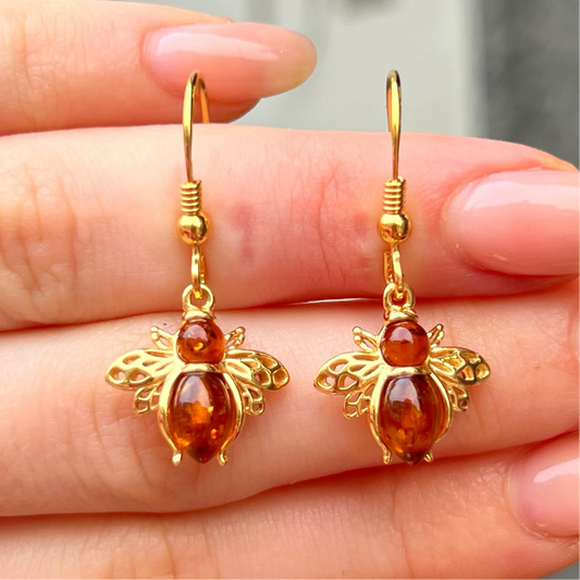 9ct Gold Plated Orange Amber Bee Design Drop Earrings