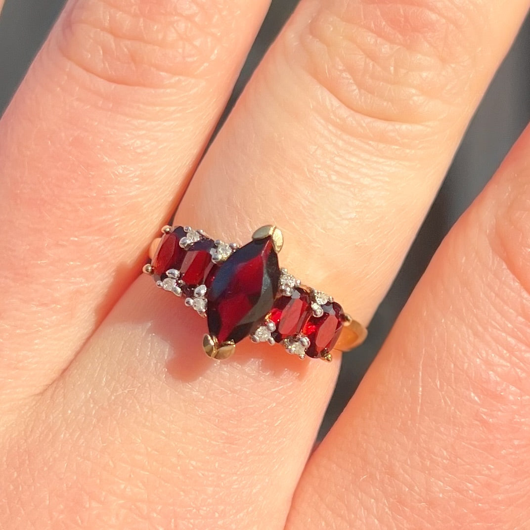 Vintage Garnet and Diamond 9ct Yellow Gold Dress Ring | Size N