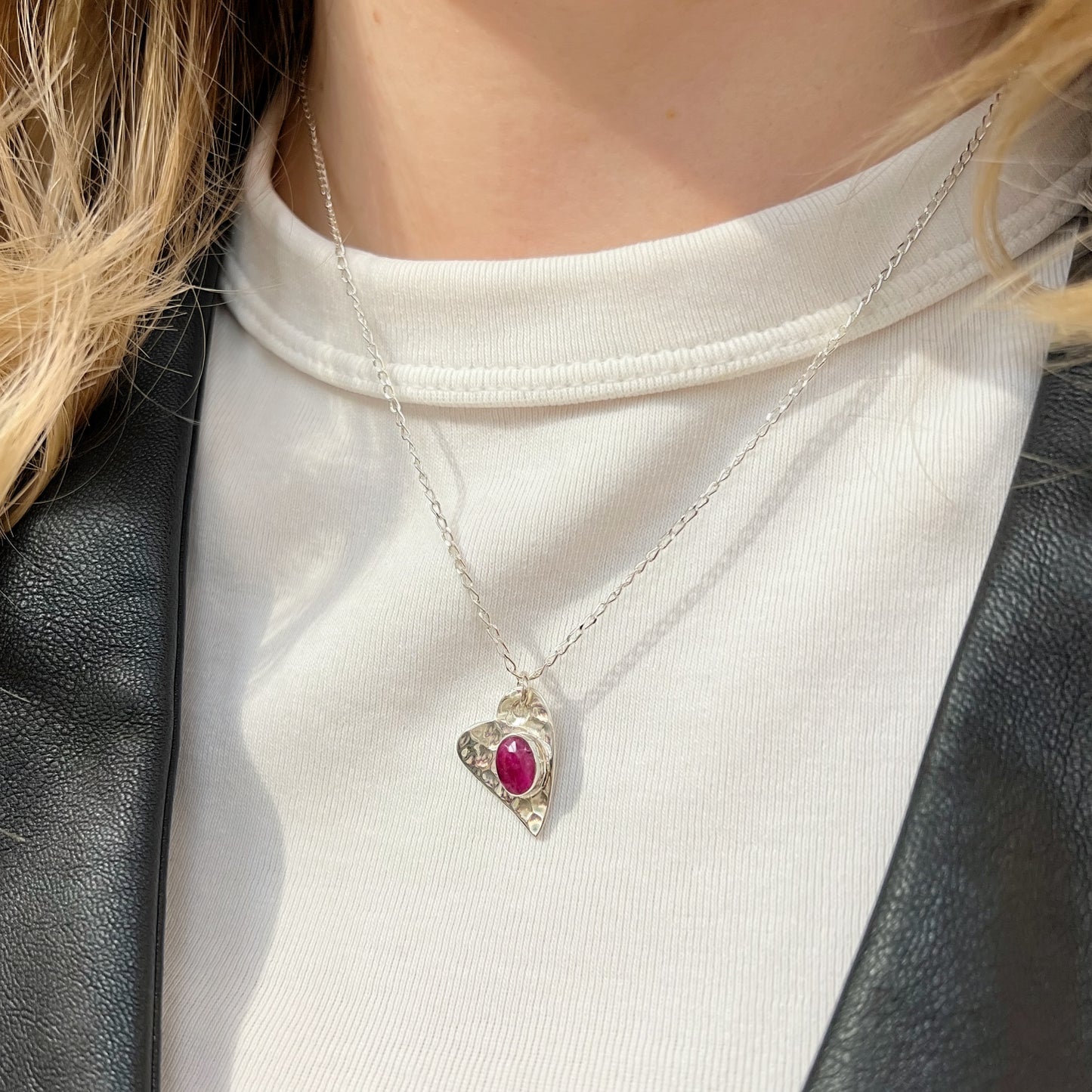 Sterling Silver Hammered Heart Ruby Necklace