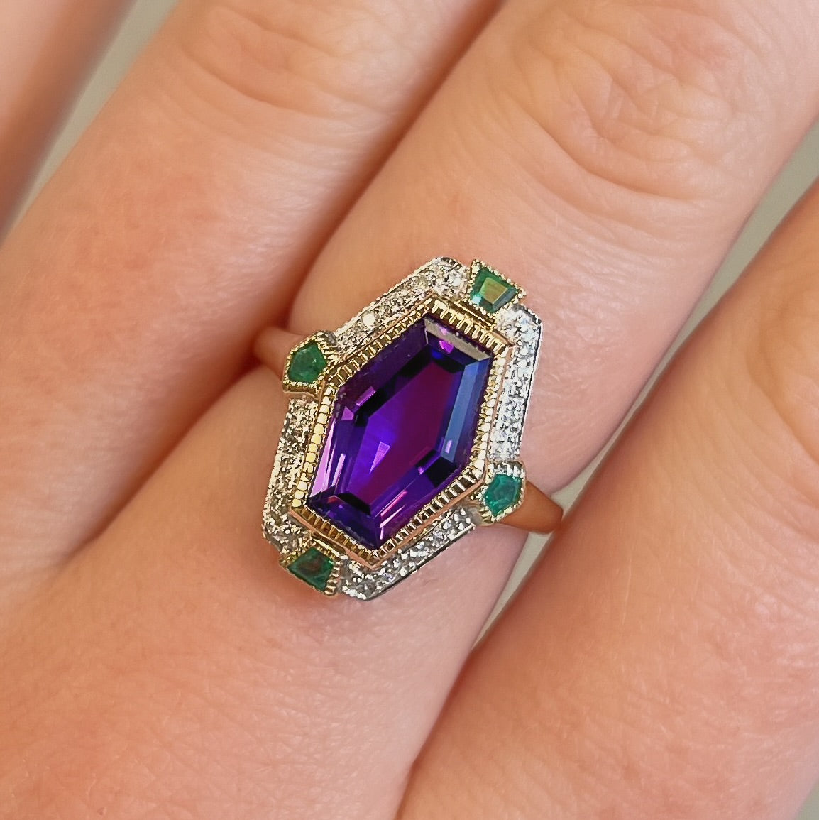 Art Deco Inspired 9ct Yellow Gold Amethyst Emerald and Diamond Ring- Size N