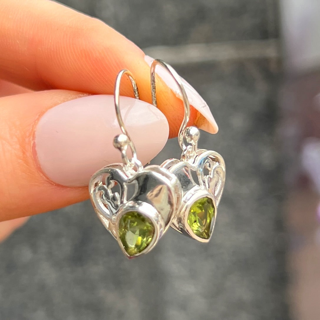 Sterling Silver Green Peridot Heart Drop Earrings