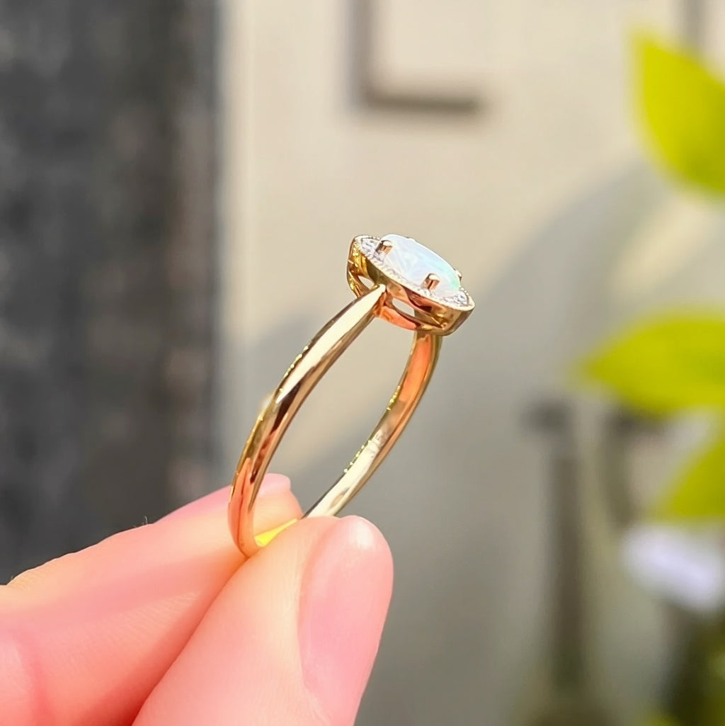 Oval Opal and Diamond 9ct Yellow Gold Halo Ring | Size O