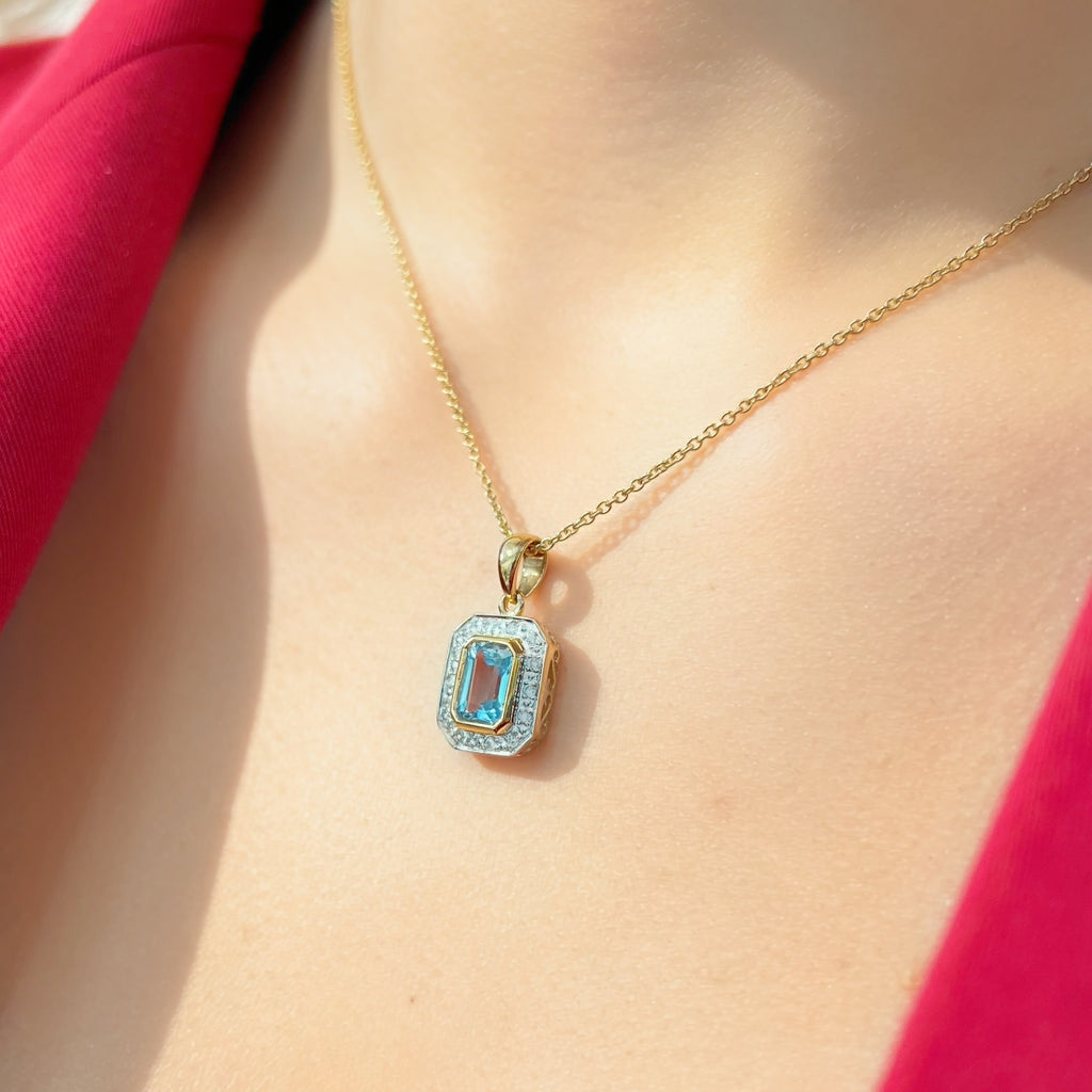 Aquamarine and Diamond Dainty Art Deco Inspired 9ct Yellow Gold Necklace