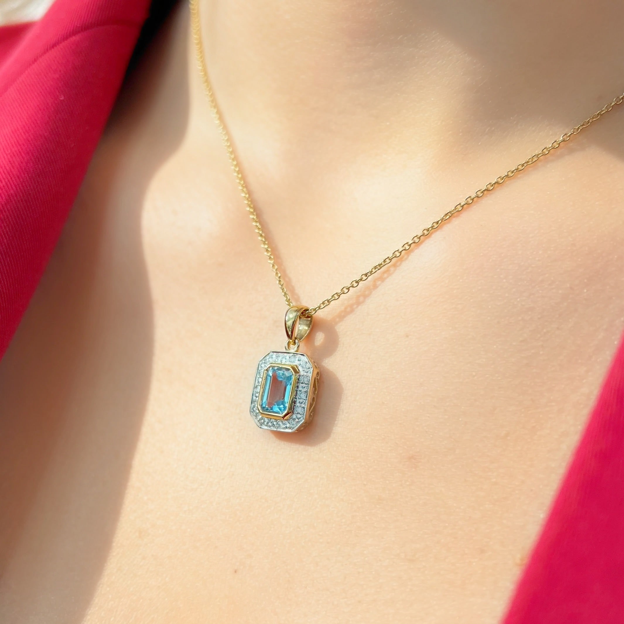 Aquamarine and Diamond Dainty Art Deco Inspired 9ct Yellow Gold Necklace