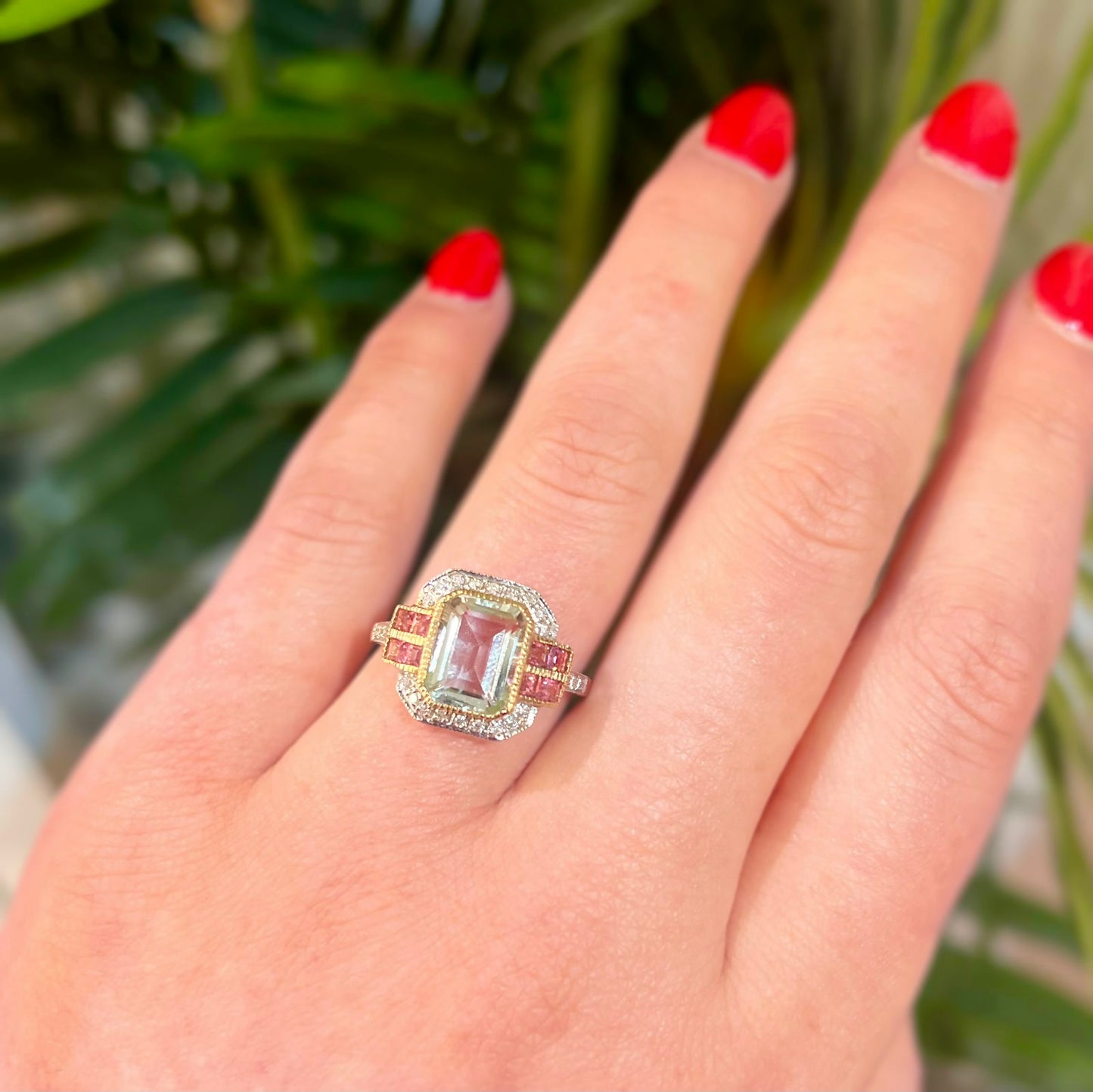 Art Deco Inspired 9ct Yellow Gold Green Amethyst and Pink Tourmaline Ring - Size O ½