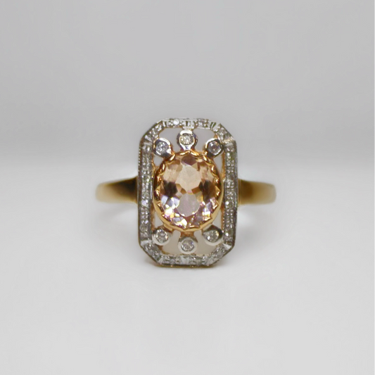 Art Deco Inspired 9ct Rose Gold Morganite and Diamond Ring – Size N 1/2