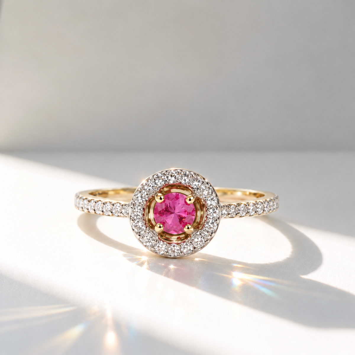 Pink Ruby and Diamond Dainty 9ct Yellow Gold Ring