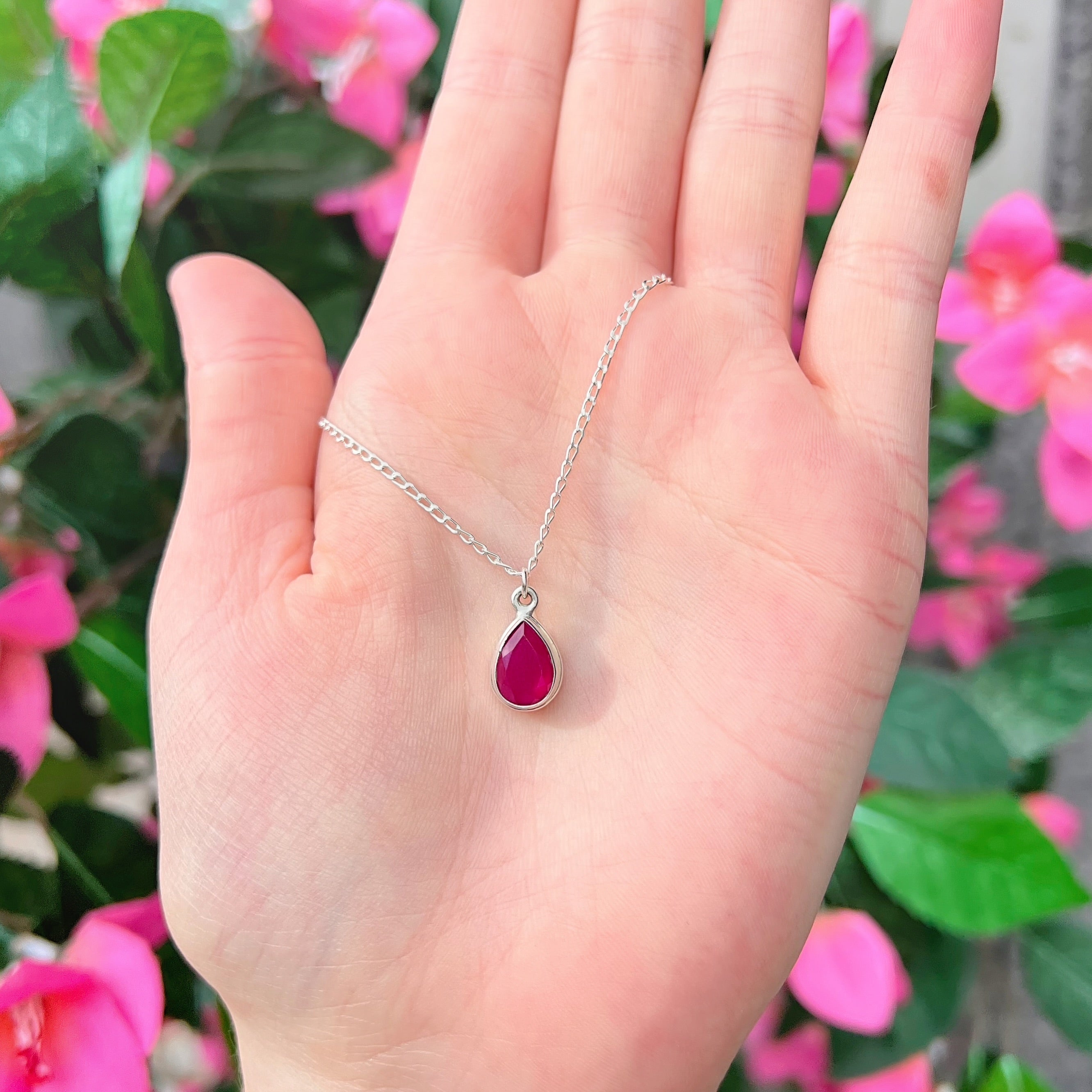 Pear Ruby Sterling Silver Dainty Necklace