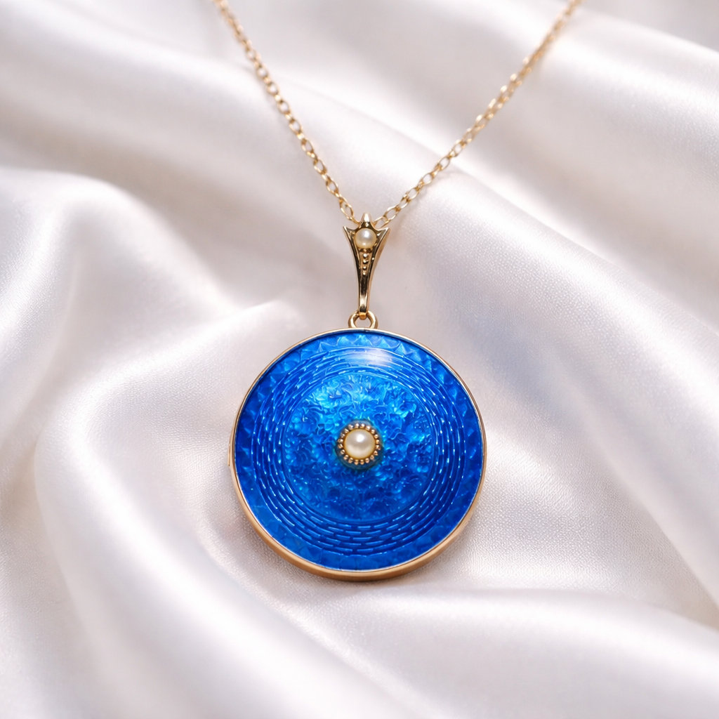 Antique 9ct Rose Gold Blue Enamel and Pearl (Brooch Back) Necklace