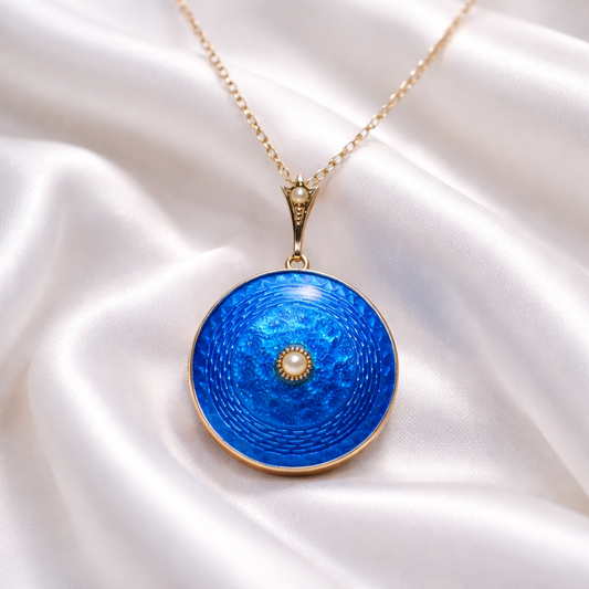 Antique 9ct Rose Gold Blue Enamel and Pearl (Brooch Back) Necklace