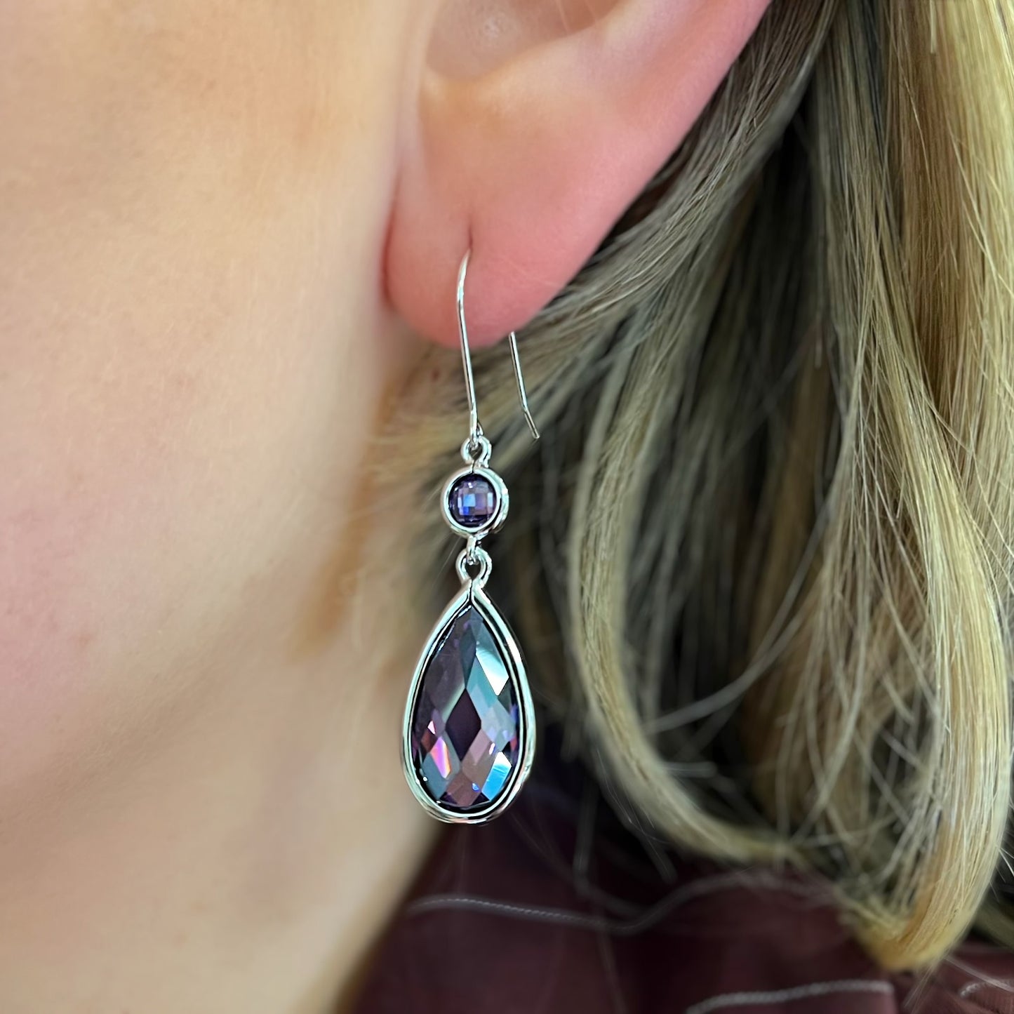 Sterling Silver Checkerboard Faceted Pear Amethyst Glass Drop Earrings