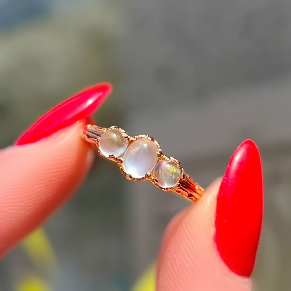 Antique Inspired Moonstone Dainty 9ct Yellow Gold Trilogy Ring | Size M