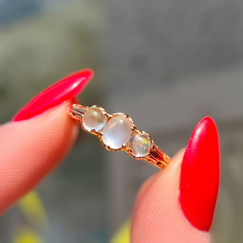 Antique Inspired Moonstone Dainty 9ct Yellow Gold Trilogy Ring | Size M