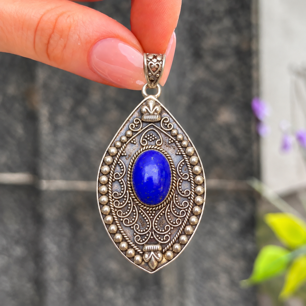 Oxidised Filigree Lapis Lazuli Sterling Silver Pendant