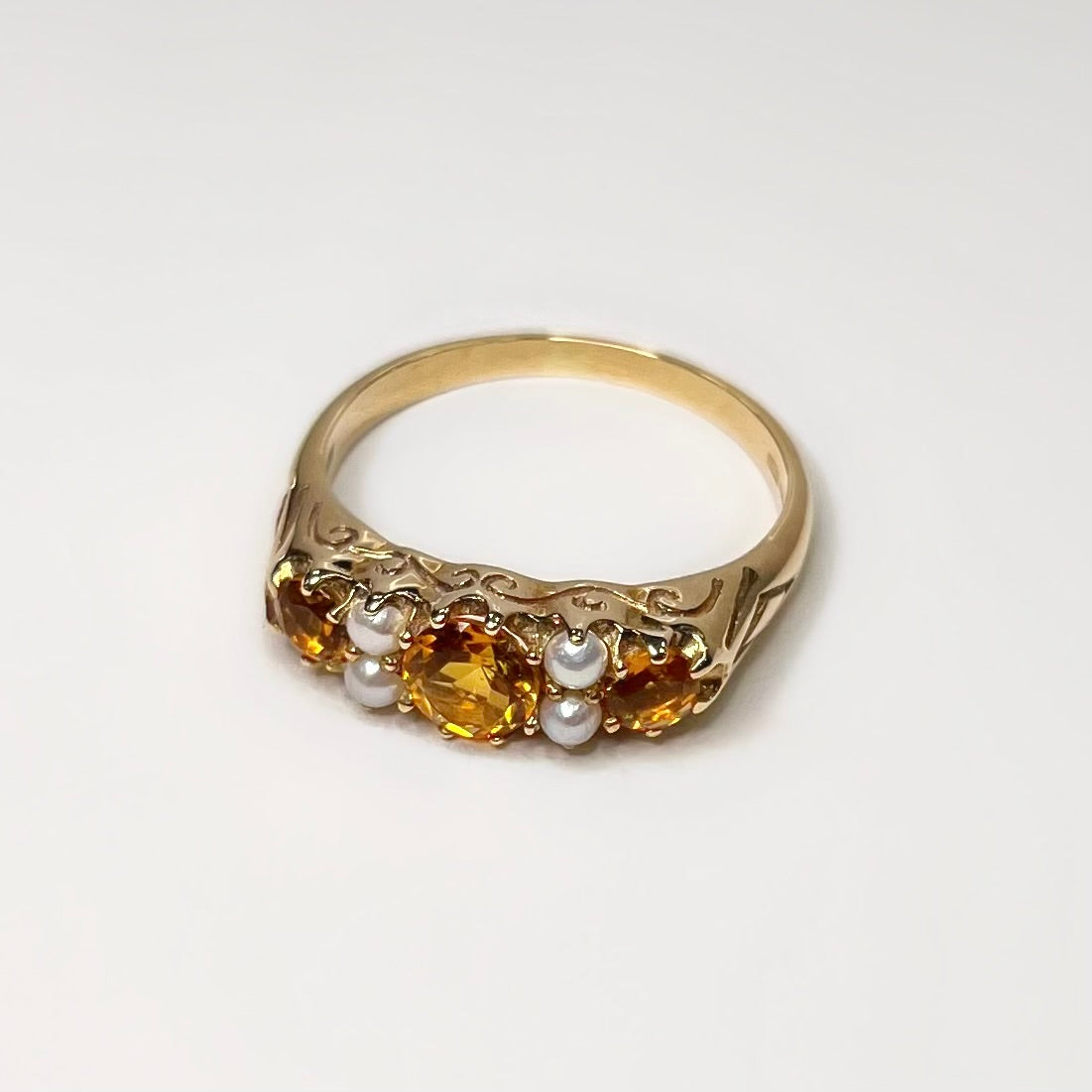 Edwardian Inspired Ornate 9ct Yellow Gold Citrine and Pearl Ring - SIZE O