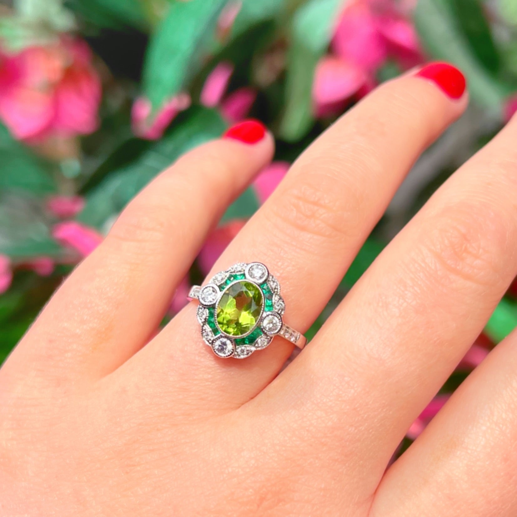Art Deco Reproduction Peridot, Emerald and Diamond 9ct White Gold Ring | Size M ½