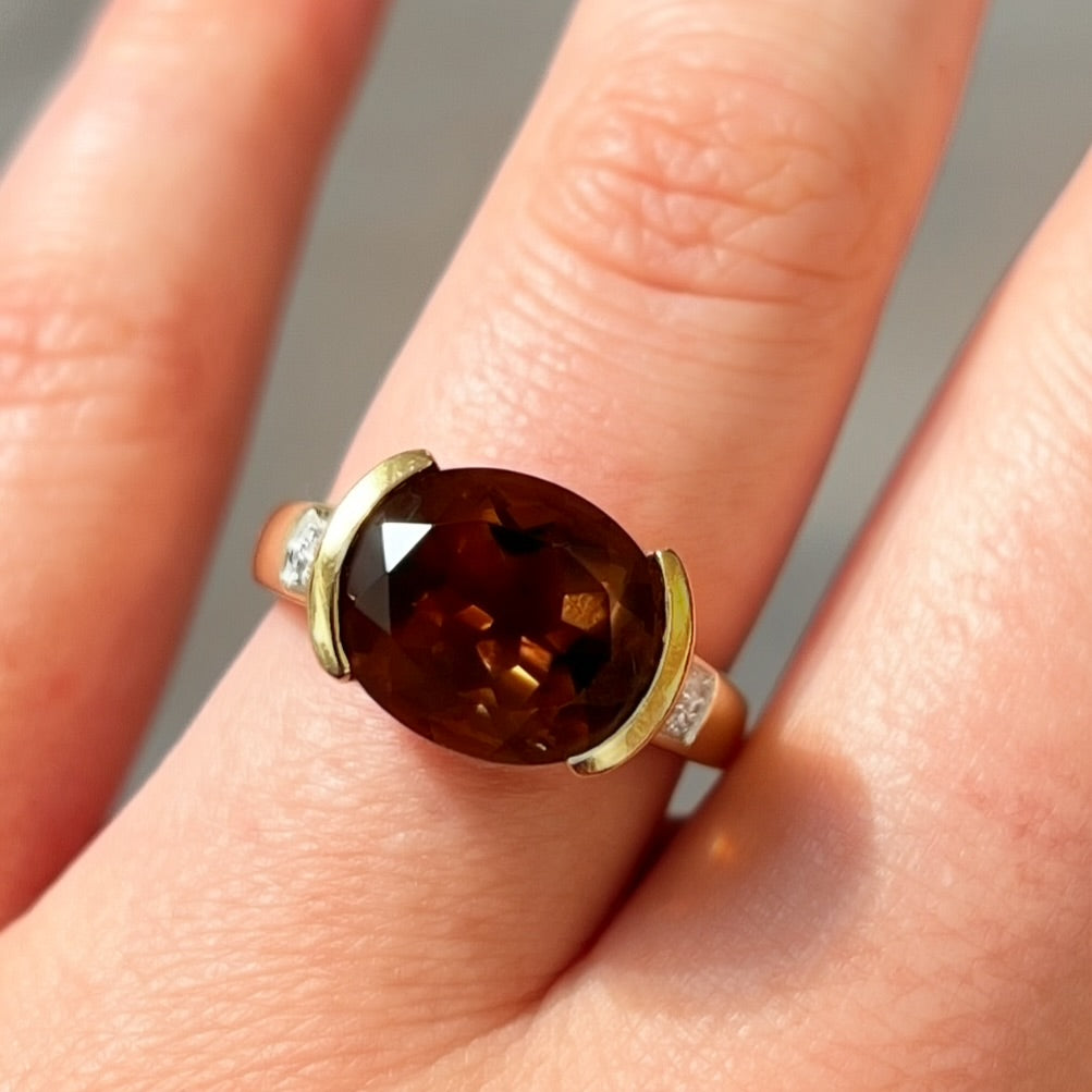 Vintage 9ct Yellow Gold Smoky Quartz and Diamond Cocktail Ring - Size M ½
