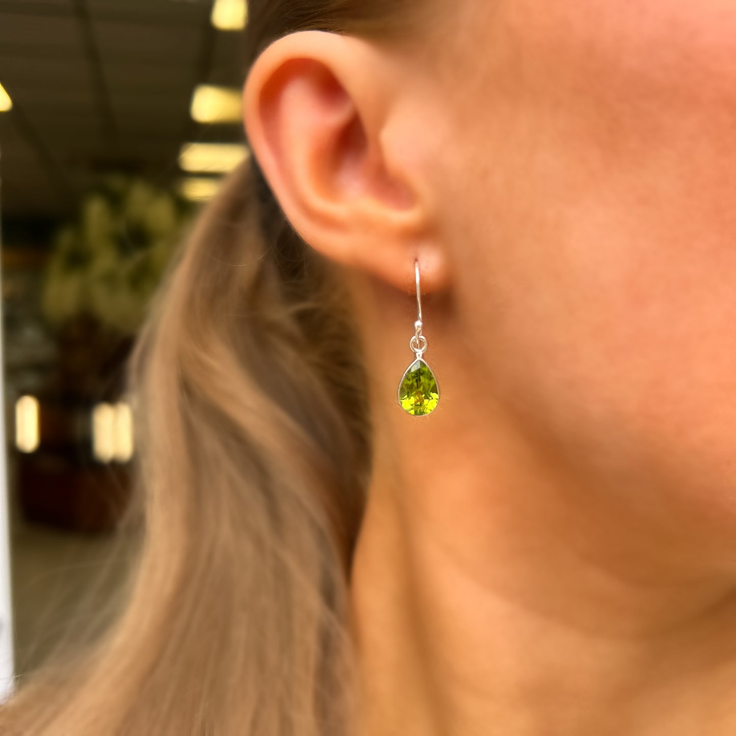 Dainty Minimalistic Sterling Silver Design Green Peridot Teardrop Earrings