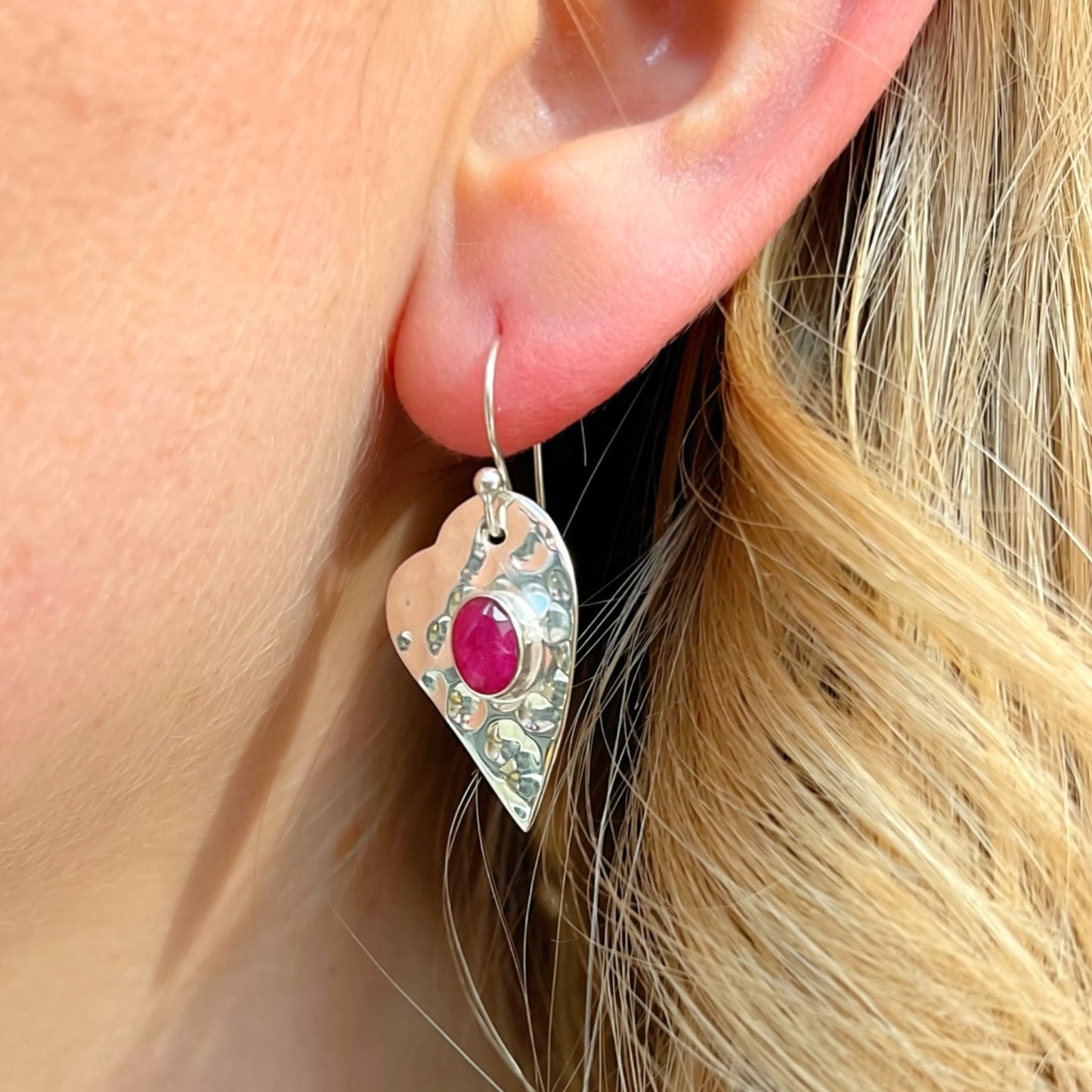 Sterling Silver Hammered Heart Ruby Earrings