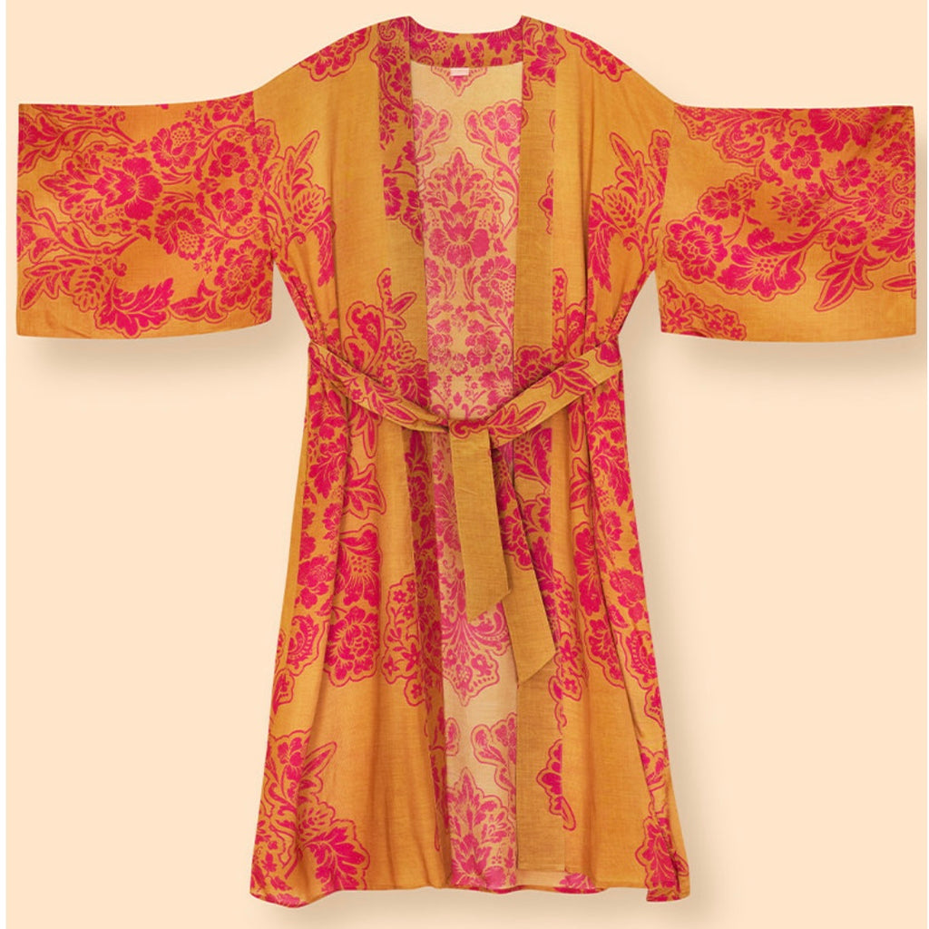 Mustard Yellow & Pink Tapestry Long Kimono Gown | Powder Accessories