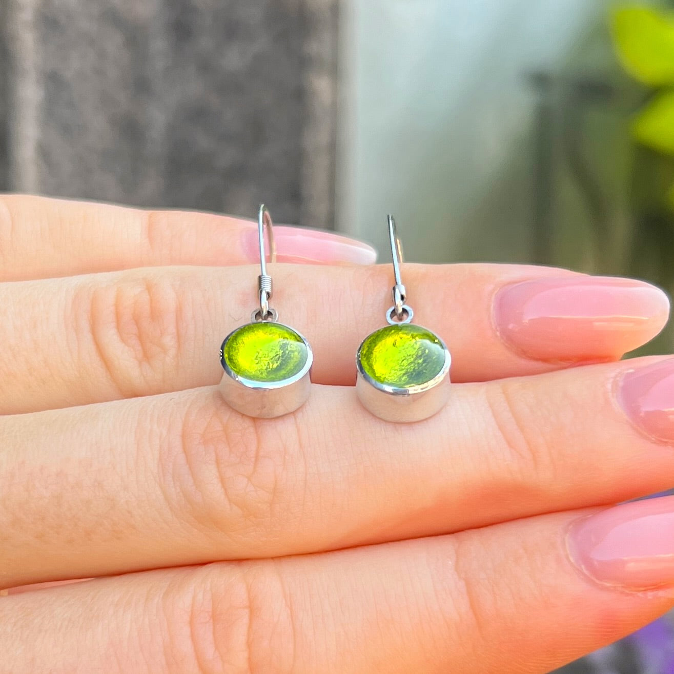 ‘Watch This Space’ Small Green Round Drop Earrings