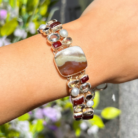 Agate, Pearl, Citrine, Topaz, Smoky Quartz & Carnelian Sterling Silver Bracelet