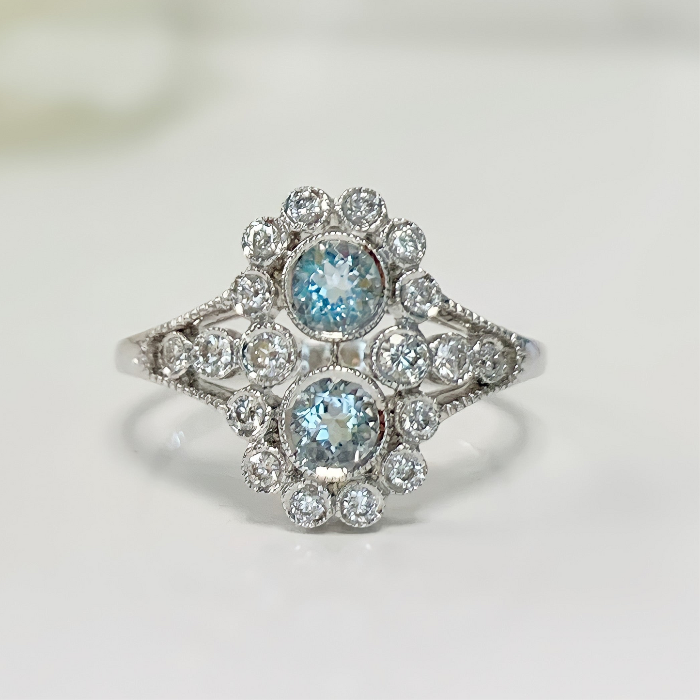 Edwardian Inspired 18ct White Gold Aquamarine and Diamond Ring - SIZE N 1/2