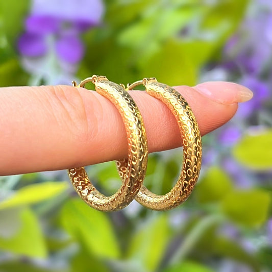 9ct Gold Plated Chunky Textured Medium Size Hoop Earrings