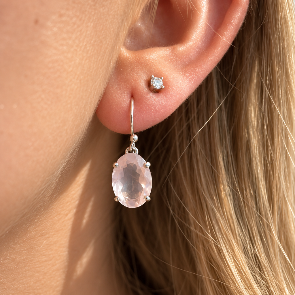 Rose Quartz Sterling Silver Oval Faceted Drop Earrings