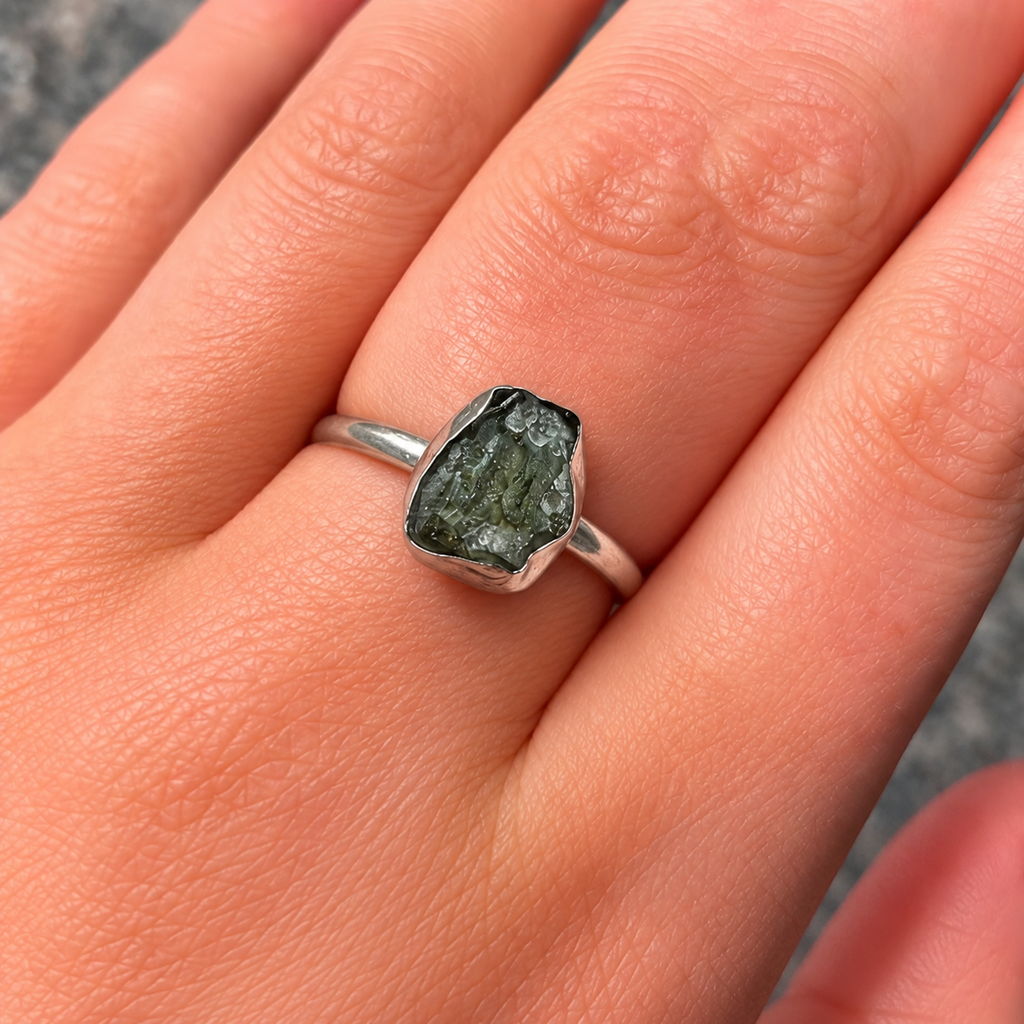 Rough Cut Green Moldavite Sterling Silver Ring | Size O