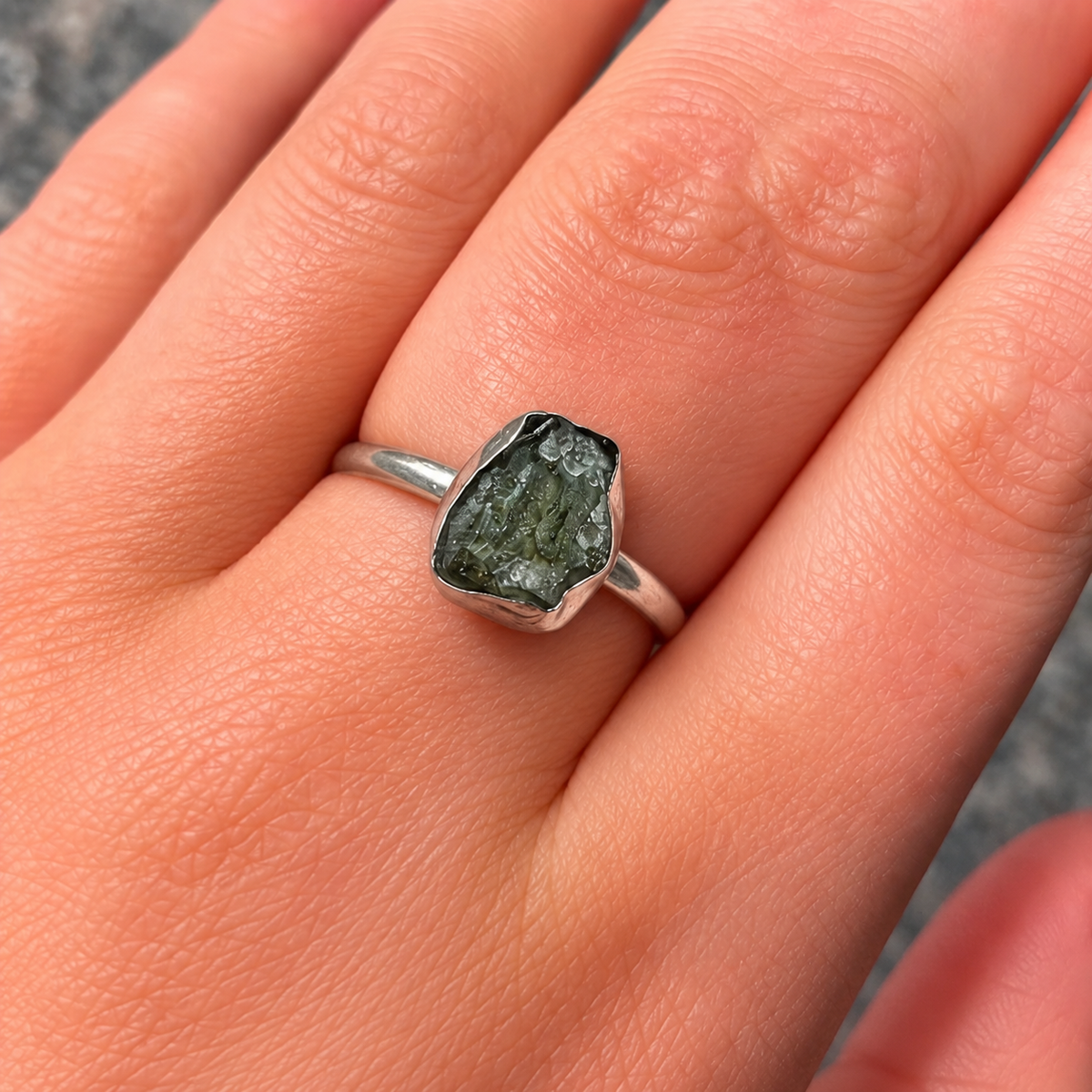 Rough Cut Green Moldavite Sterling Silver Ring | Size O