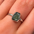 Rough Cut Green Moldavite Sterling Silver Ring | Size O