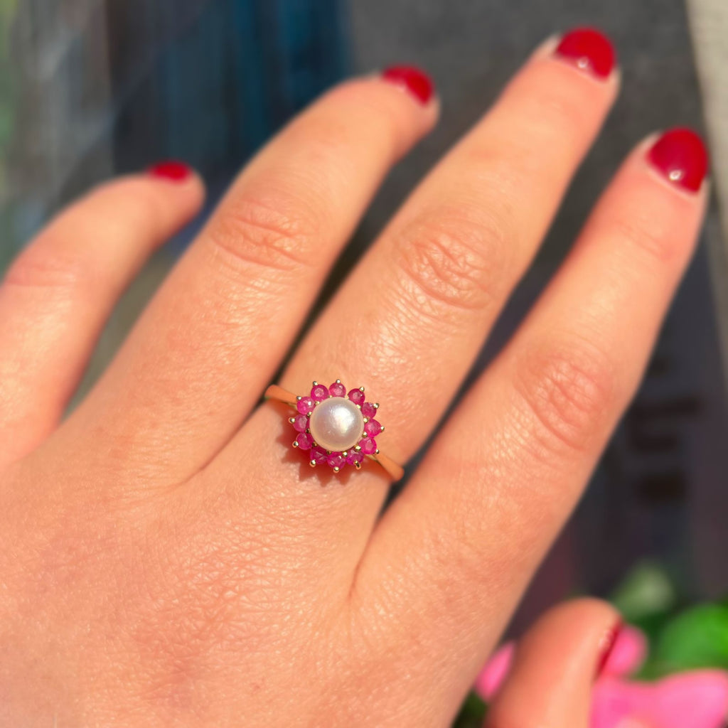Rare Vintage Ruby and Pearl 14ct Gold Cluster Ring | Size O ½