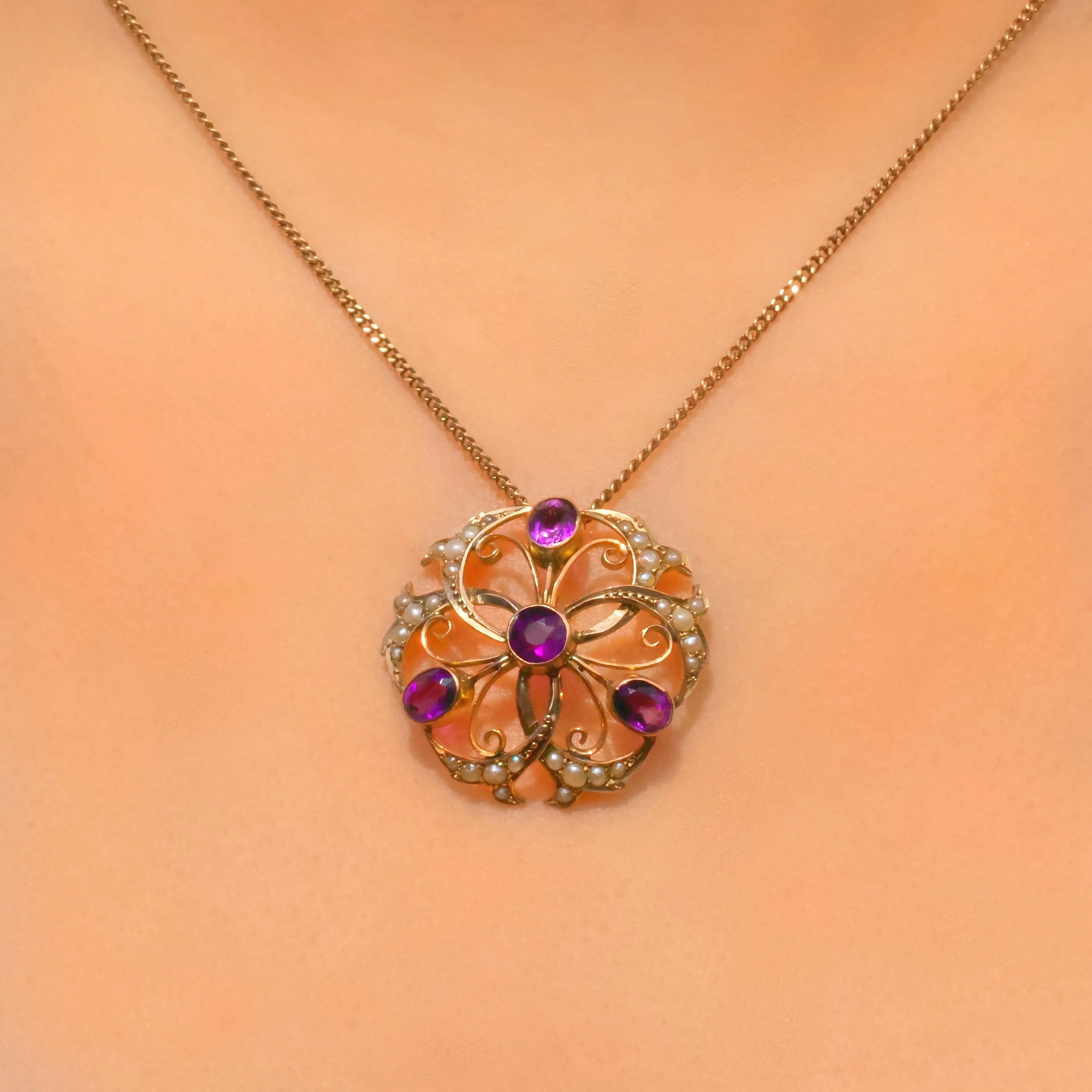 Antique Edwardian Amethyst and Seed Pearl 9ct Yellow Gold Necklace