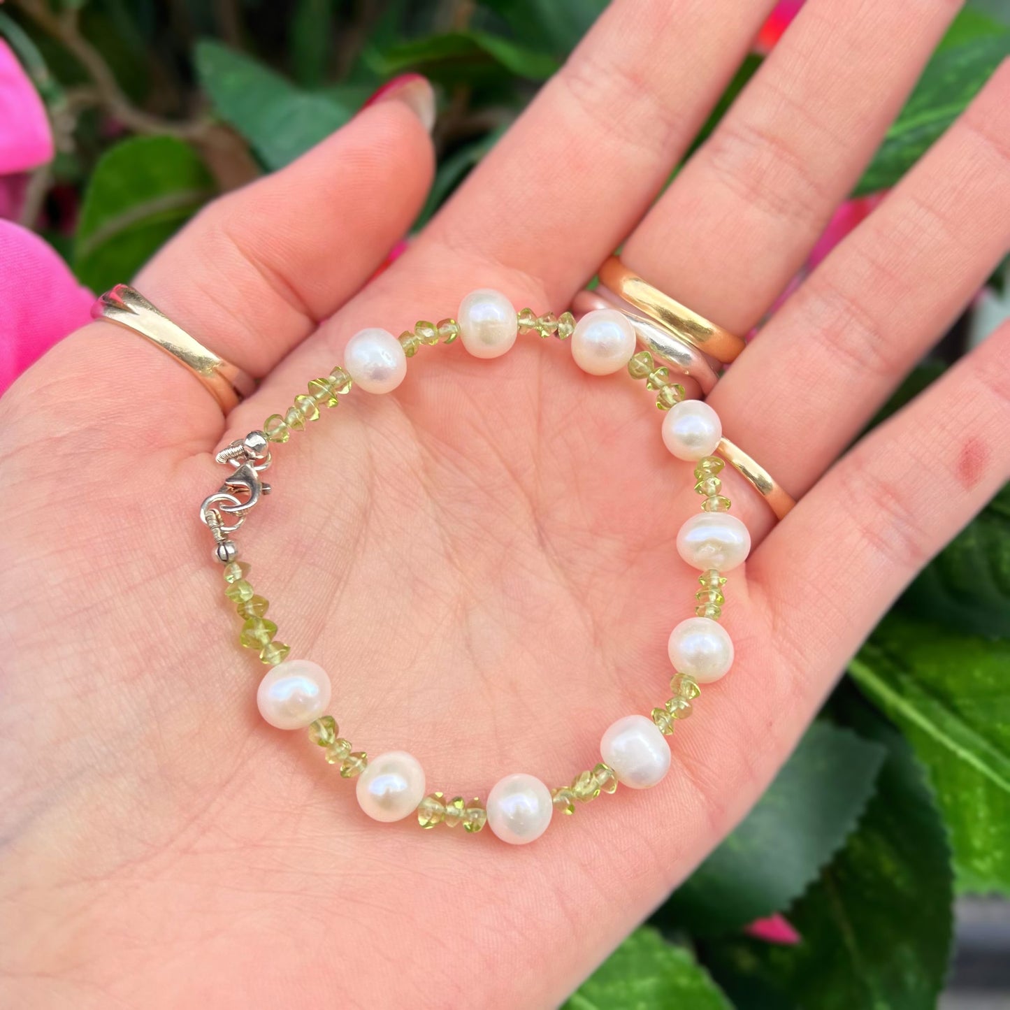 Unique Sterling Silver Peridot and Real Pearl Beaded Bracelet