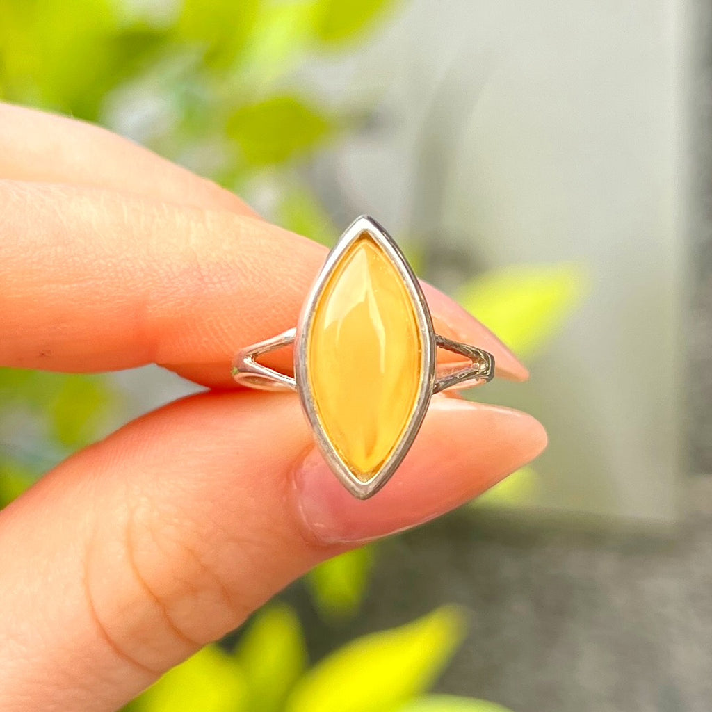 Yellow Butterscotch Amber Sterling Silver Marquise Cut Ring