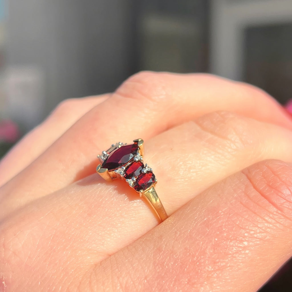 Vintage Garnet and Diamond 9ct Yellow Gold Dress Ring | Size N