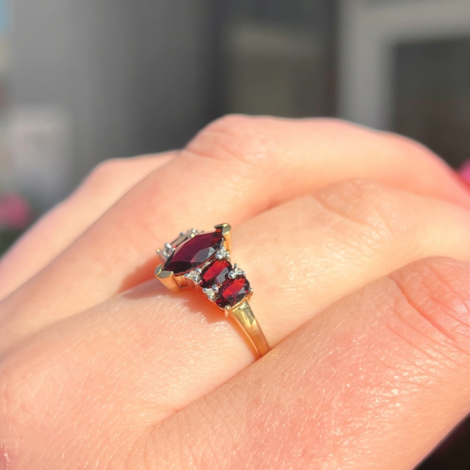 Vintage Garnet and Diamond 9ct Yellow Gold Dress Ring | Size N