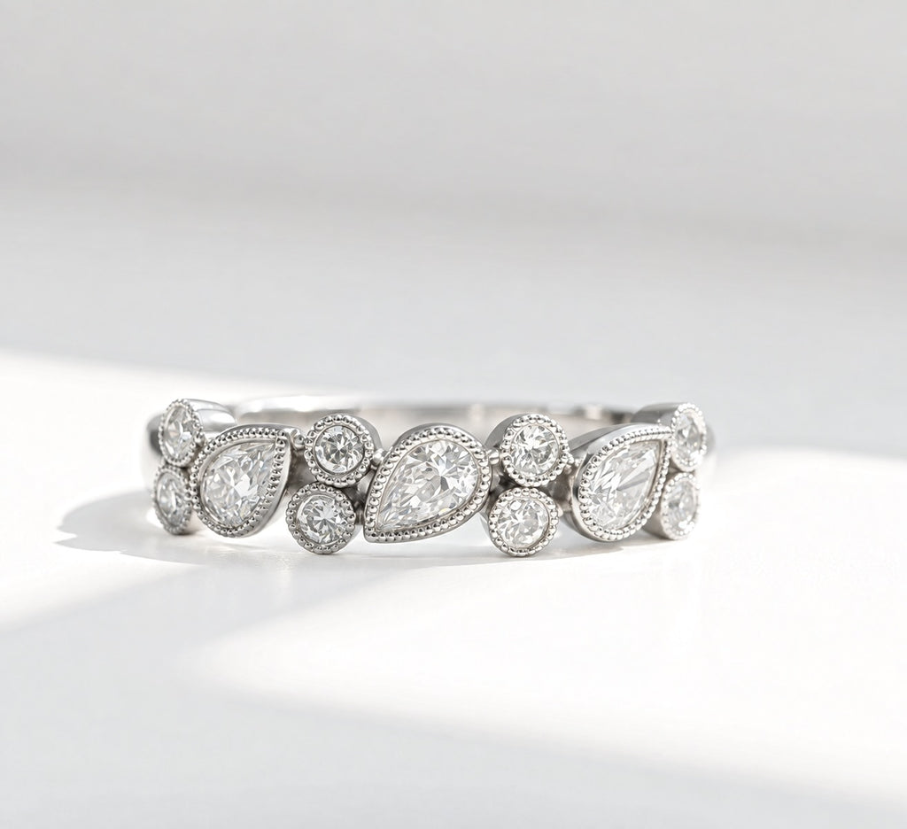 Platinum Pear and Round Natural Diamond Multi-Stone Bubble Ring | Size N