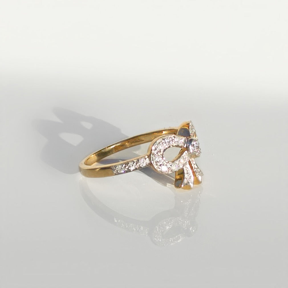 Diamond Ribbon/Bow 9ct Yellow Gold Ring | Size M ½