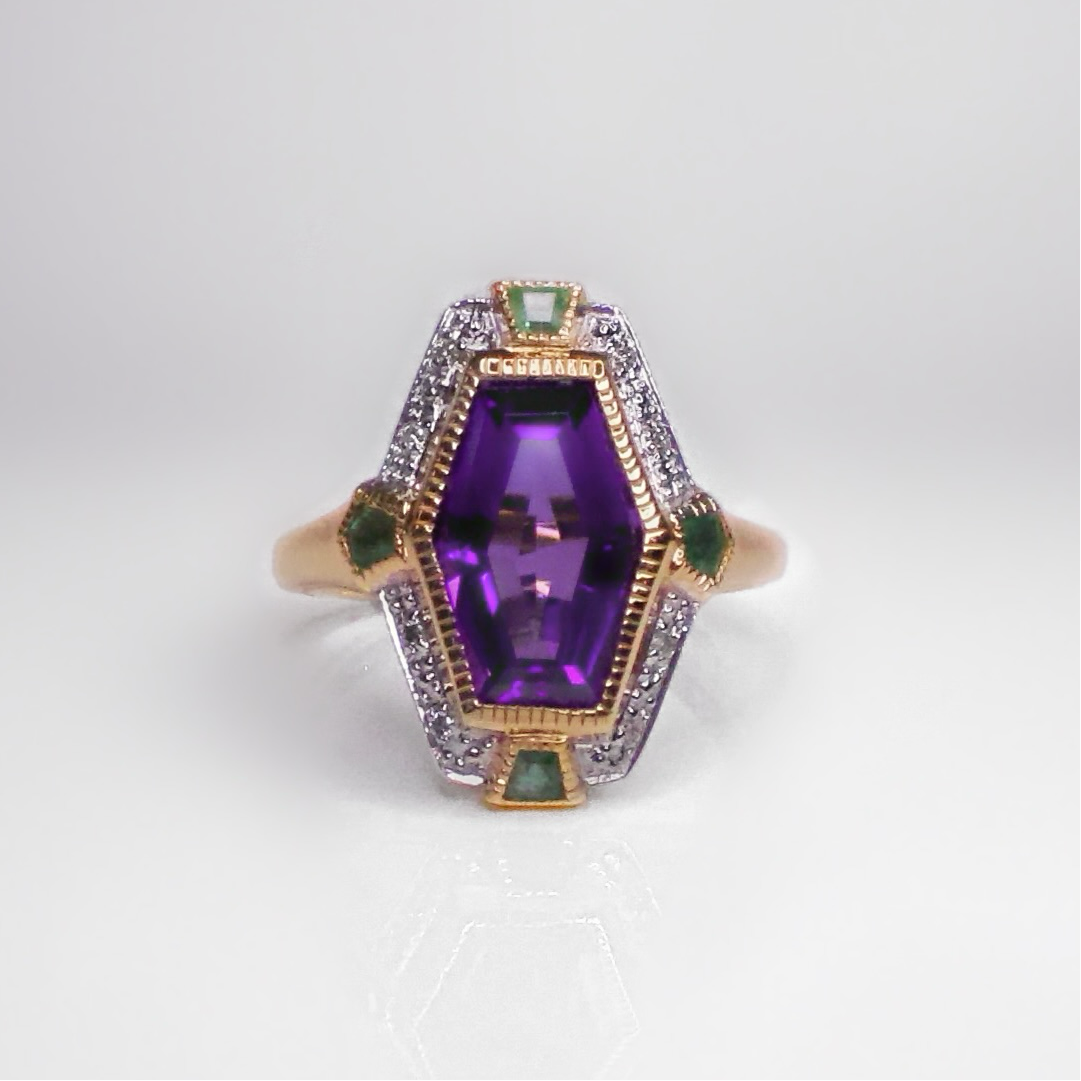 Art Deco Inspired 9ct Yellow Gold Amethyst Emerald and Diamond Ring- Size N