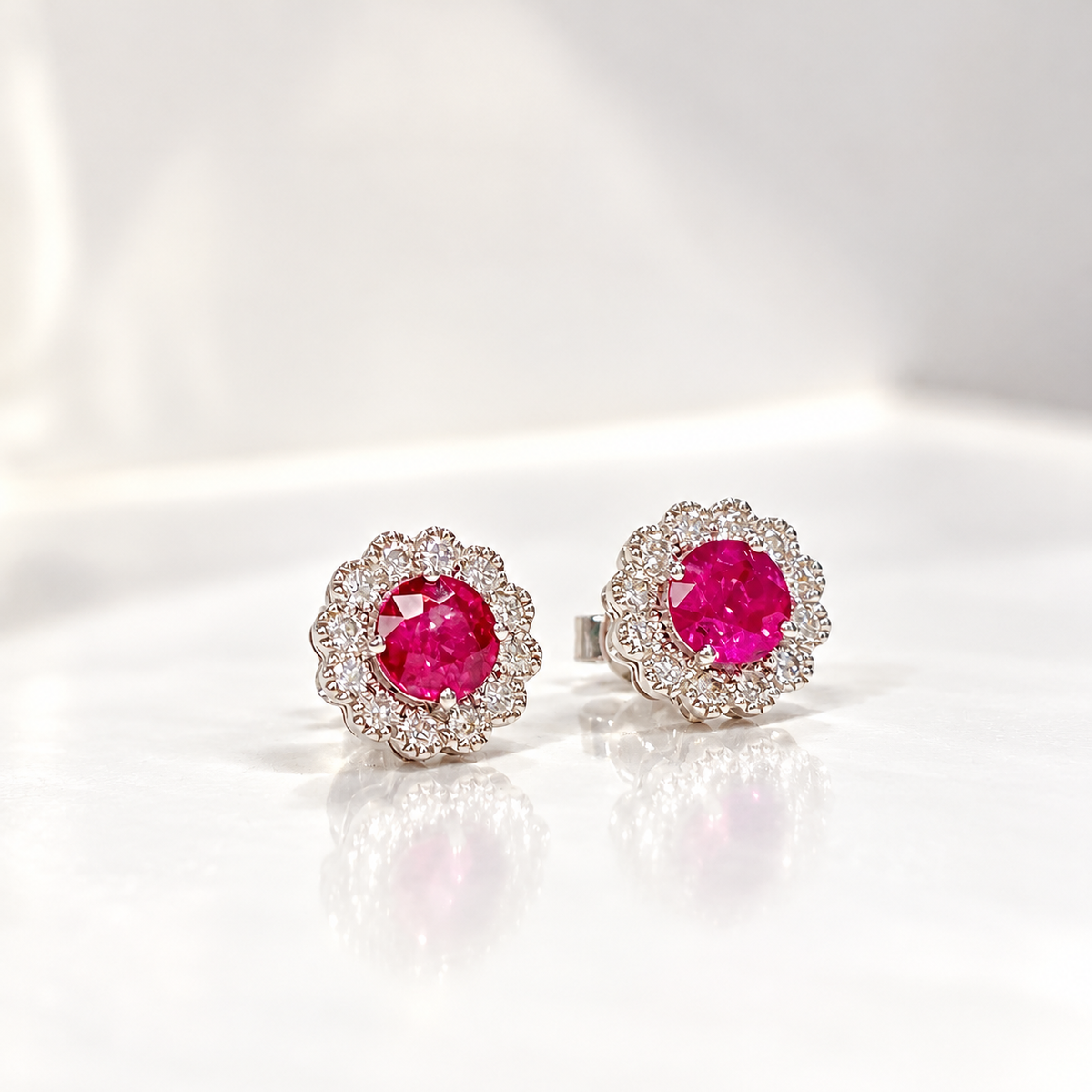 Ruby and Diamond 18ct White Gold Halo Stud Earrings
