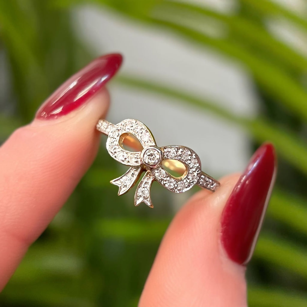 Diamond Ribbon/Bow 9ct Yellow Gold Ring | Size M ½