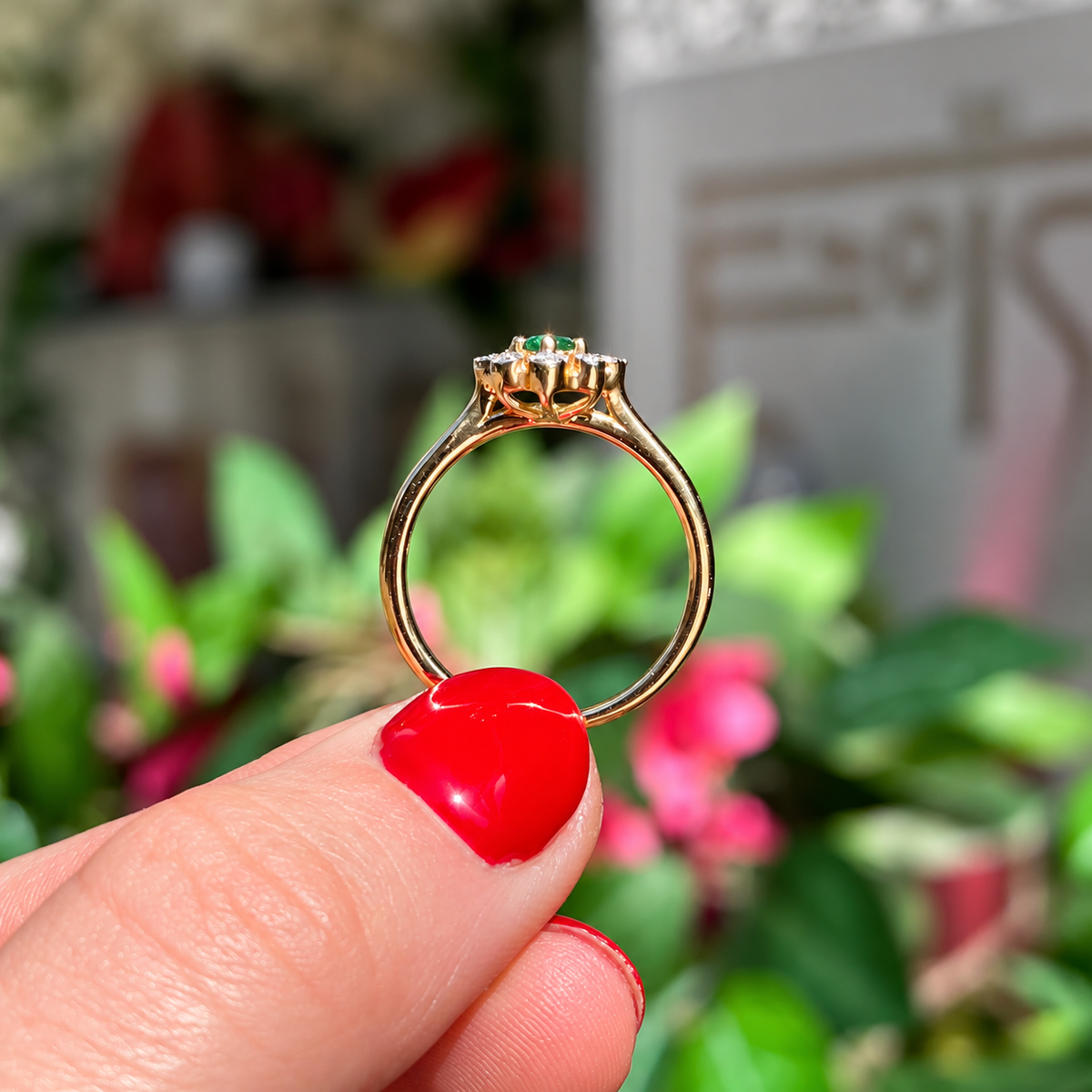 Emerald and Diamond 9ct Yellow Gold Flower Ring | Size O ½