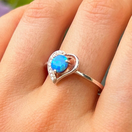 Sterling Silver Heart Design Blue Opal & Cubic Zirconia Ring - Size O