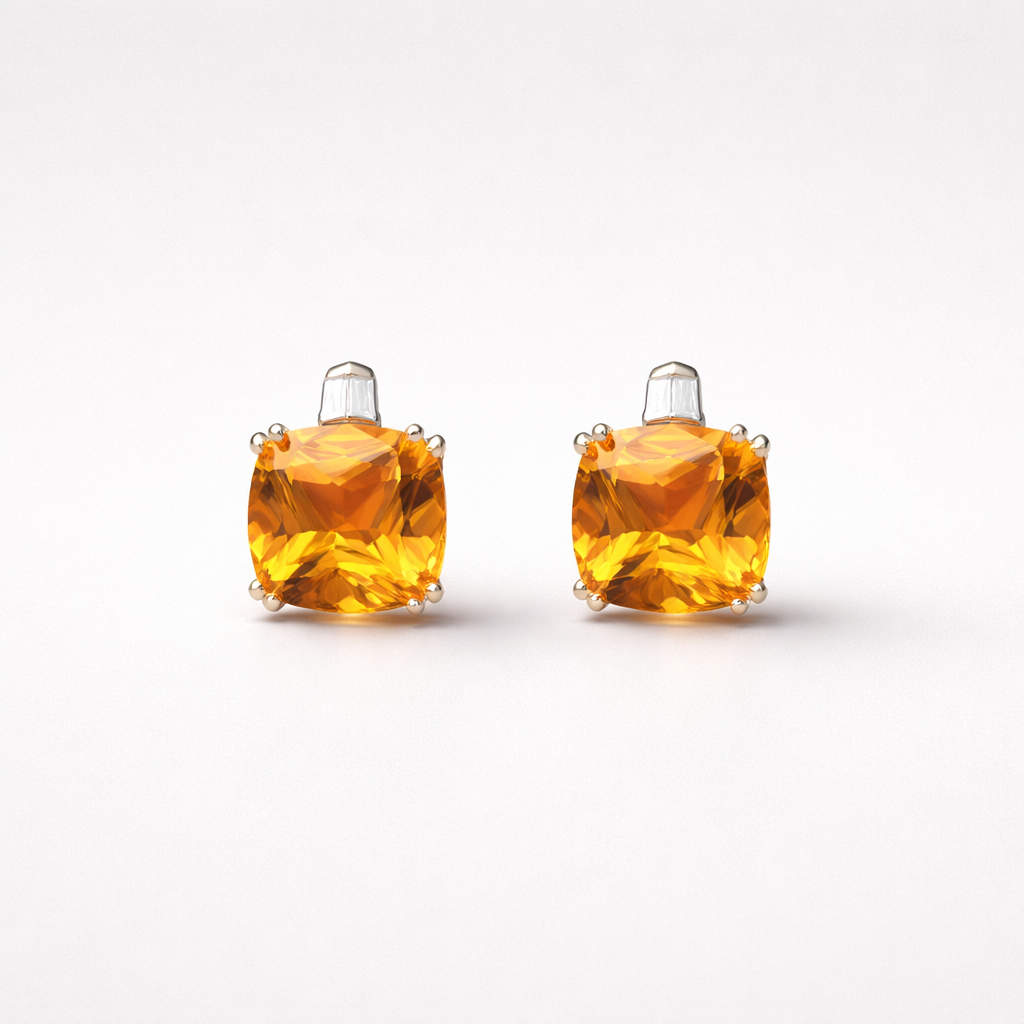 9ct Yellow Gold Orange Citrine & Diamond Square Stud Earrings