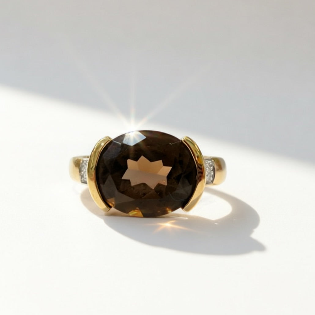 Vintage 9ct Yellow Gold Smoky Quartz and Diamond Cocktail Ring - Size M ½