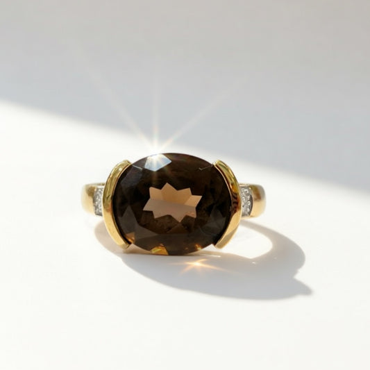 Vintage 9ct Yellow Gold Smoky Quartz and Diamond Cocktail Ring - Size M ½
