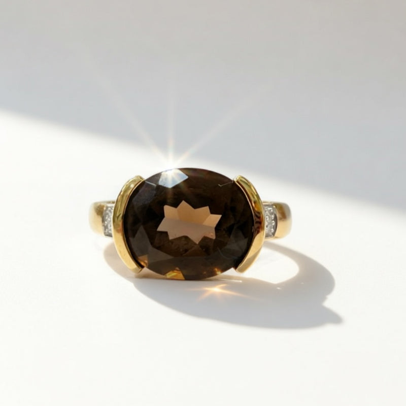 Vintage 9ct Yellow Gold Smoky Quartz and Diamond Cocktail Ring - Size M ½