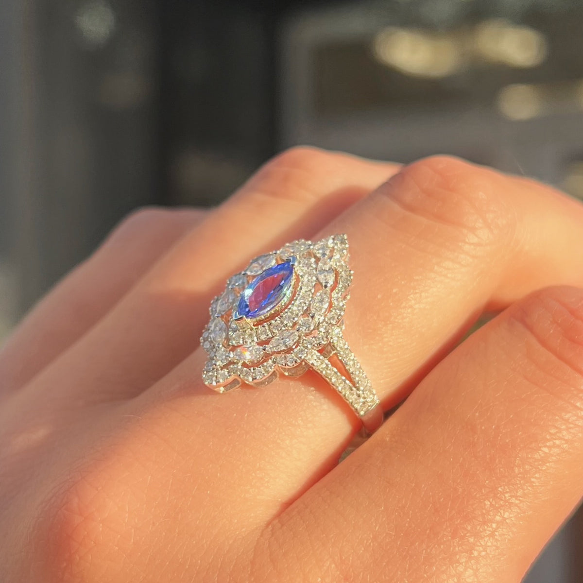 'The Victoria' Marquise Tanzanite and Diamond 18ct White Gold Ring | Size O